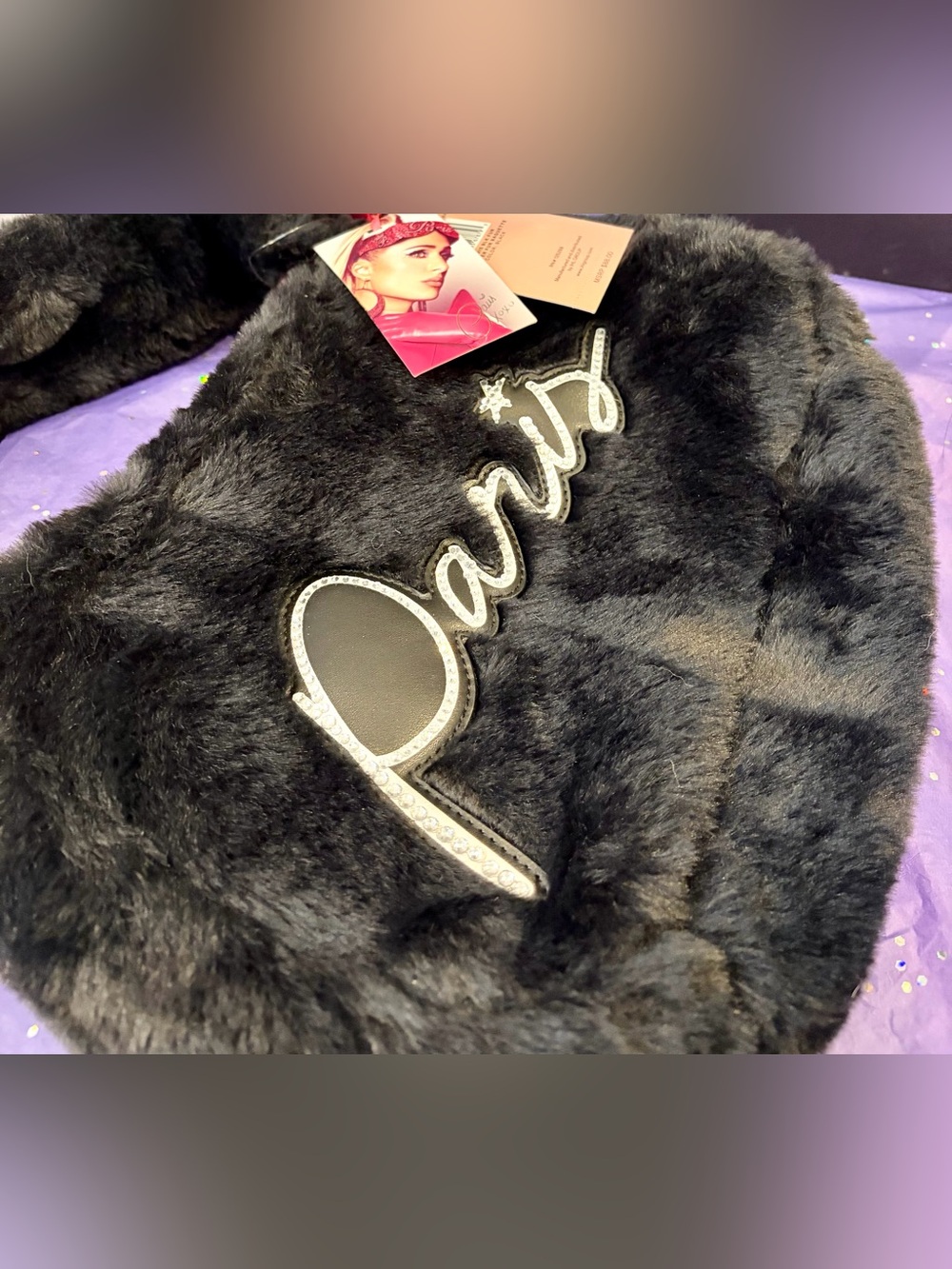 NWT PARIS HILTON Black Faux Fur Shoulder Bag with Rhinestone Script Logo - Picture 3 of 6